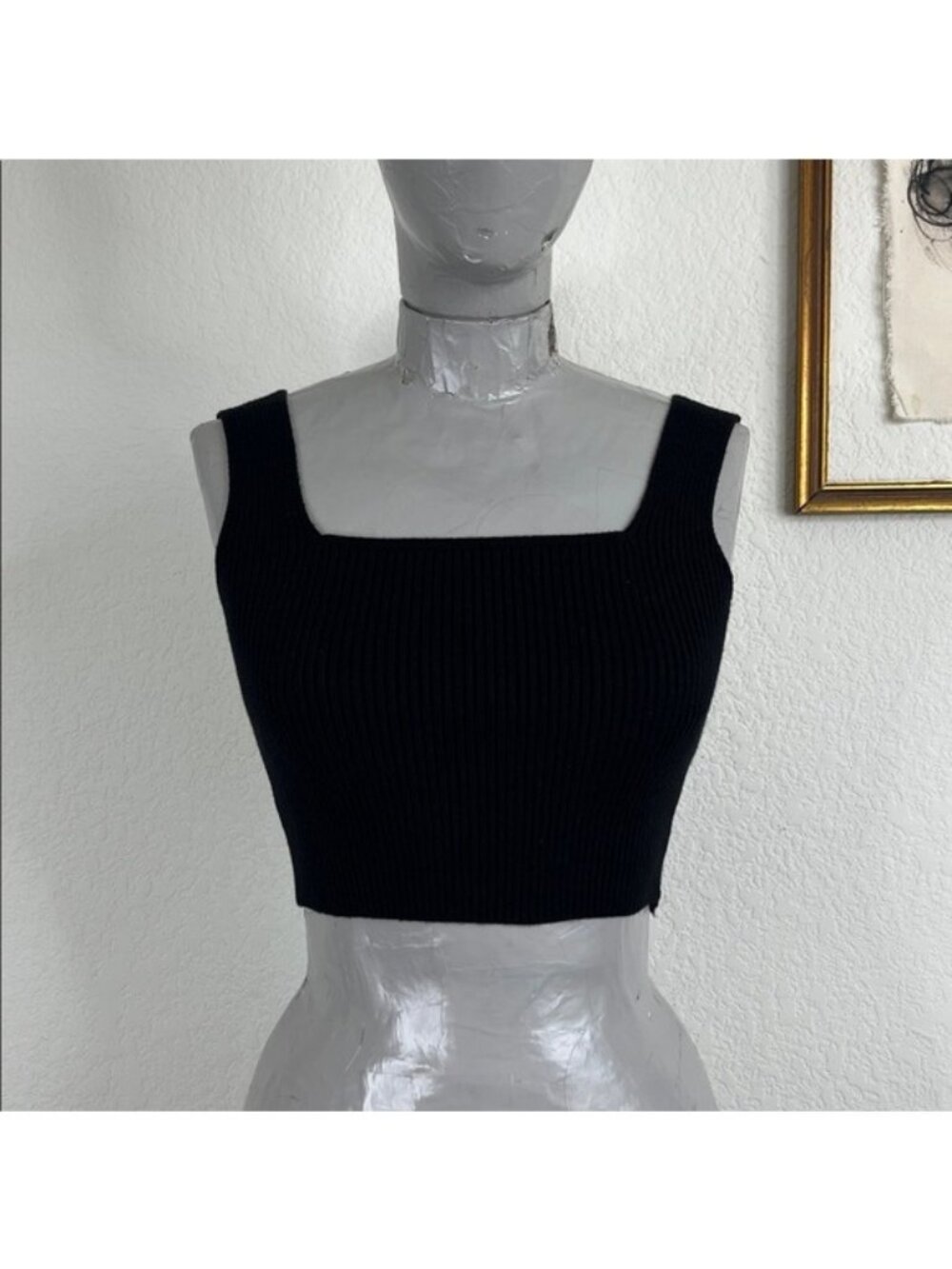 Zara Black Ribbed Knit Square Neck Cropped Tank Top Sweater